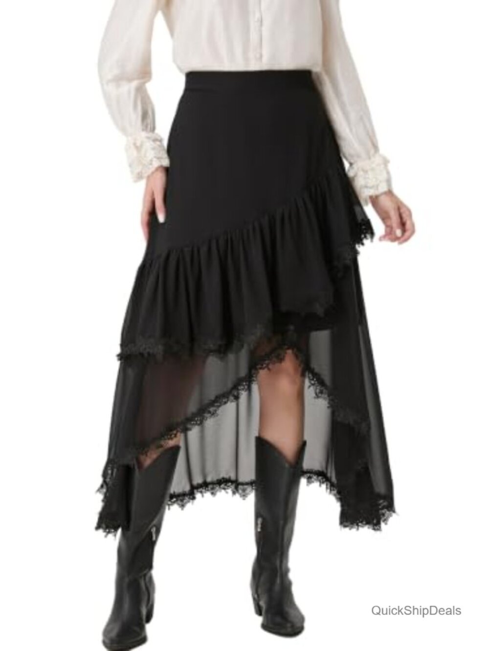 Victorian Lace Asymmetrical Tiered Ruffle Maxi Skirt High Waist Gothic